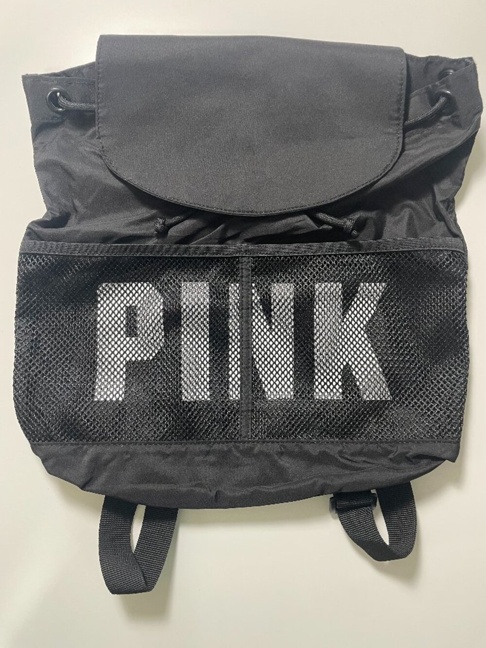 PINK NWT Black Drawstring Bag Adjustable Straps Front Pockets Victoria’s Secret